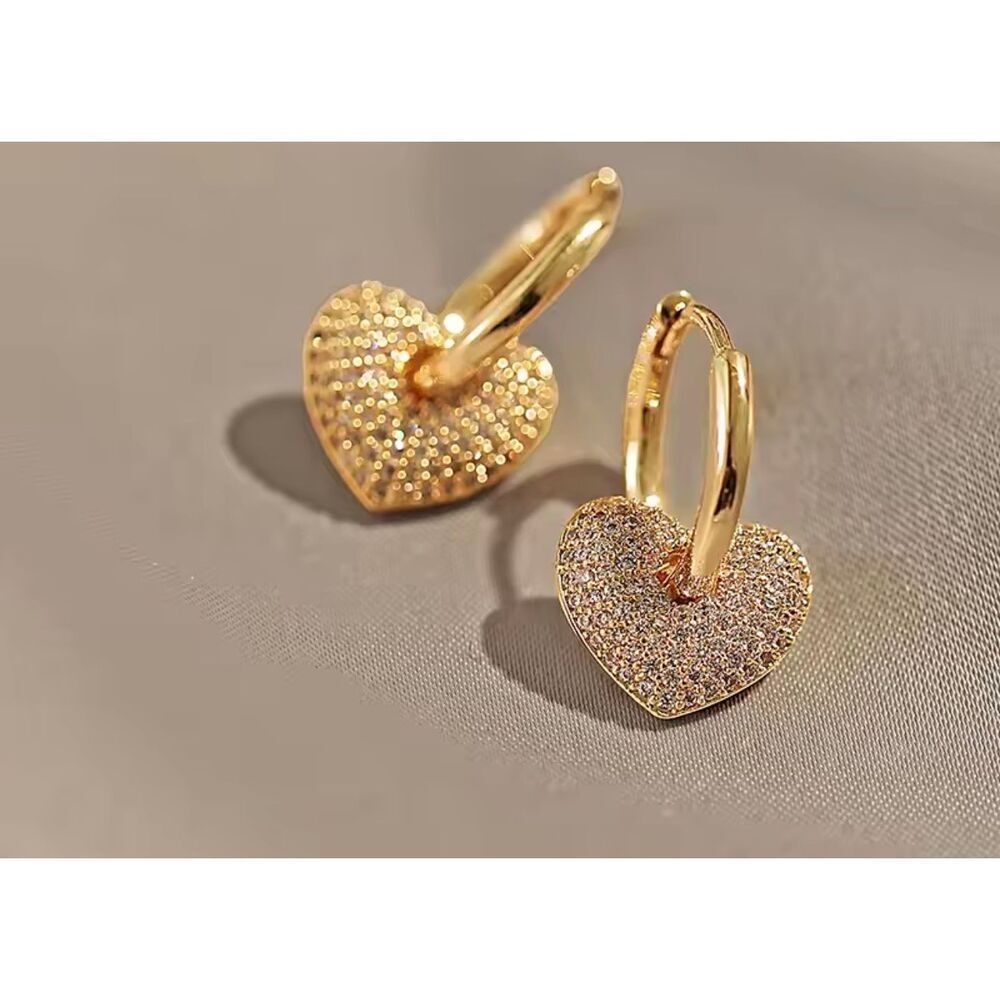 Gold Tone Heart Hoop Earrings Floral Crystal Pave Romantic Statement Jewelry